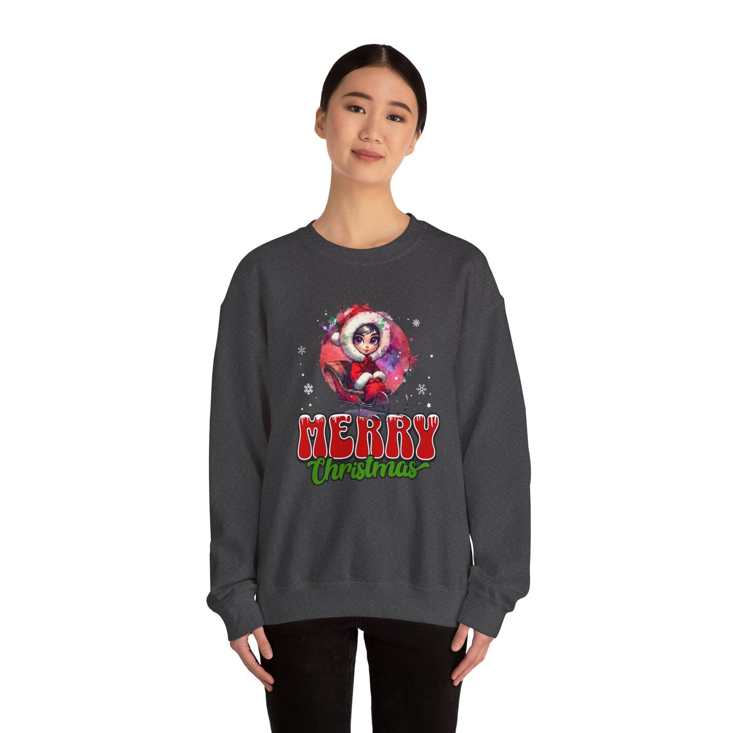 Christmas Crewneck Sweatshirt — Cute Santa Girl 'Merry Christmas' Holiday Pullover