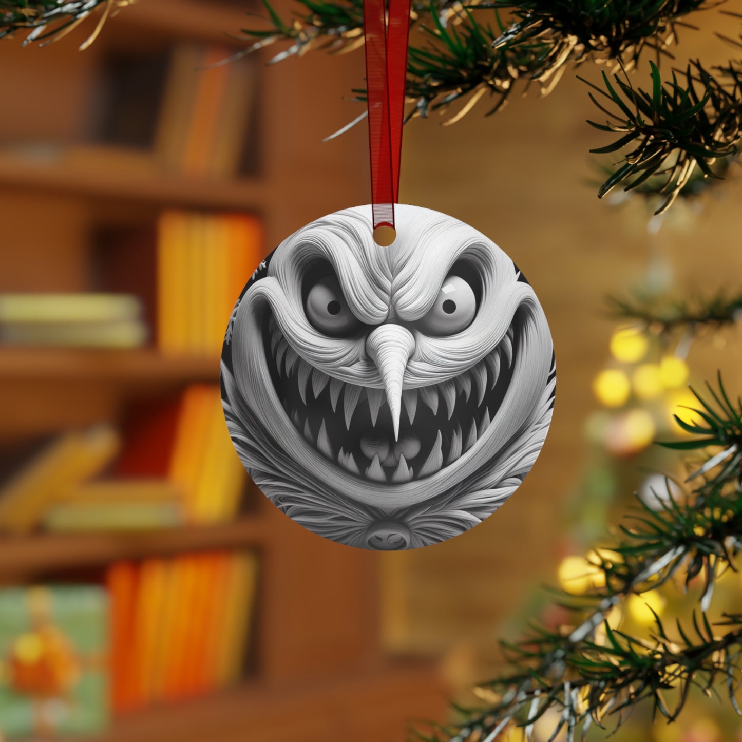 Creepy Grin Metal Ornament — Scary Christmas Bell Decoration