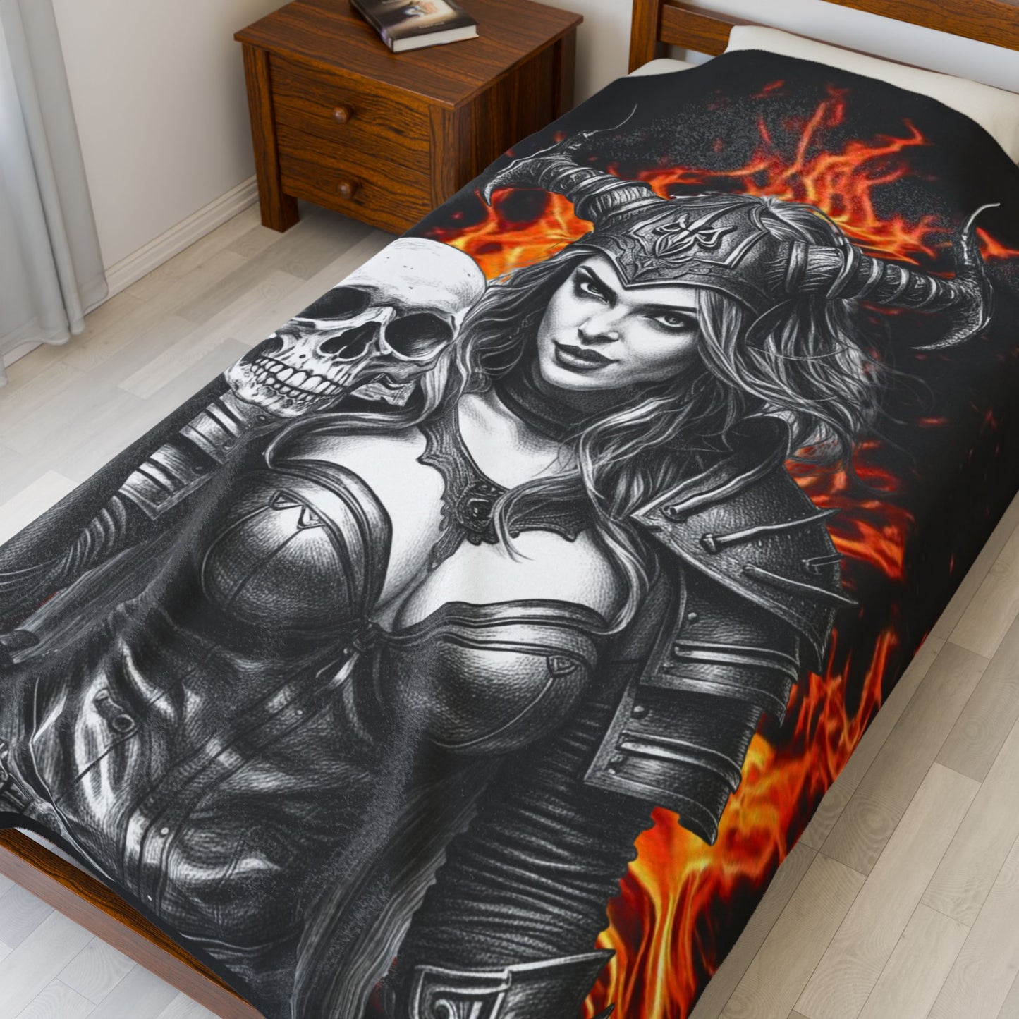 Valkyrie Skull Velvet Plush Blanket — Fiery Gothic Throw for Fantasy & Viking Fans