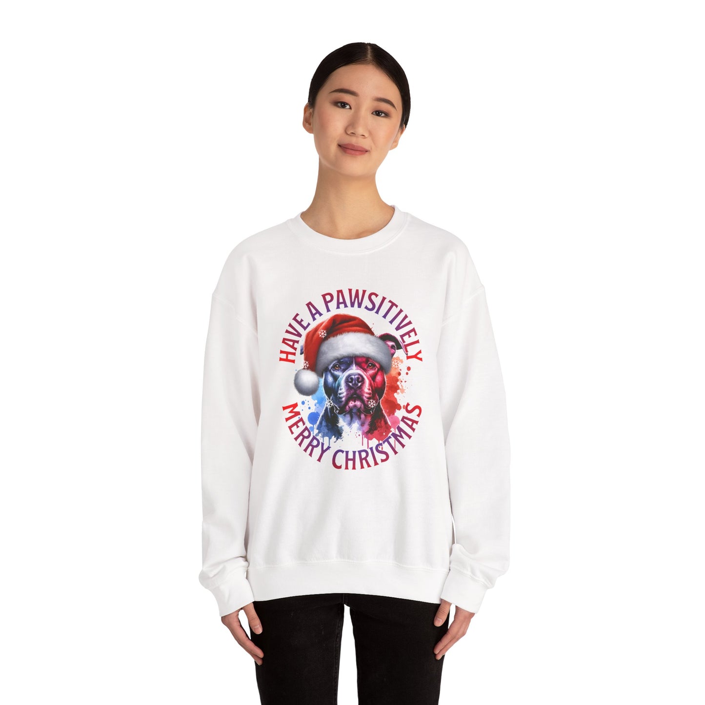Crewneck Pit Bull Sweatshirt - "Have a Pawsitively Merry Christmas" Dog Santa Holiday Sweatshirt