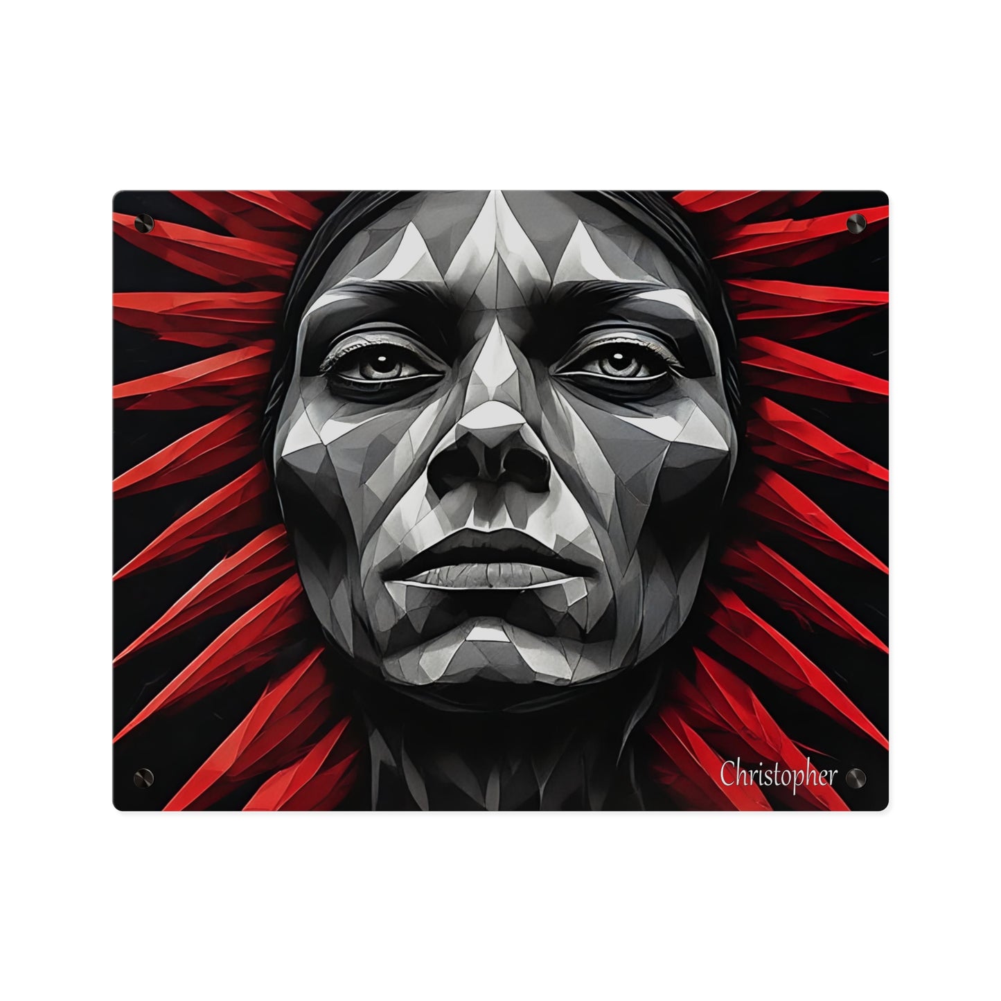 Acrylic Wall Art Panel — Geometric Tribal Face with Red Feather Headdress