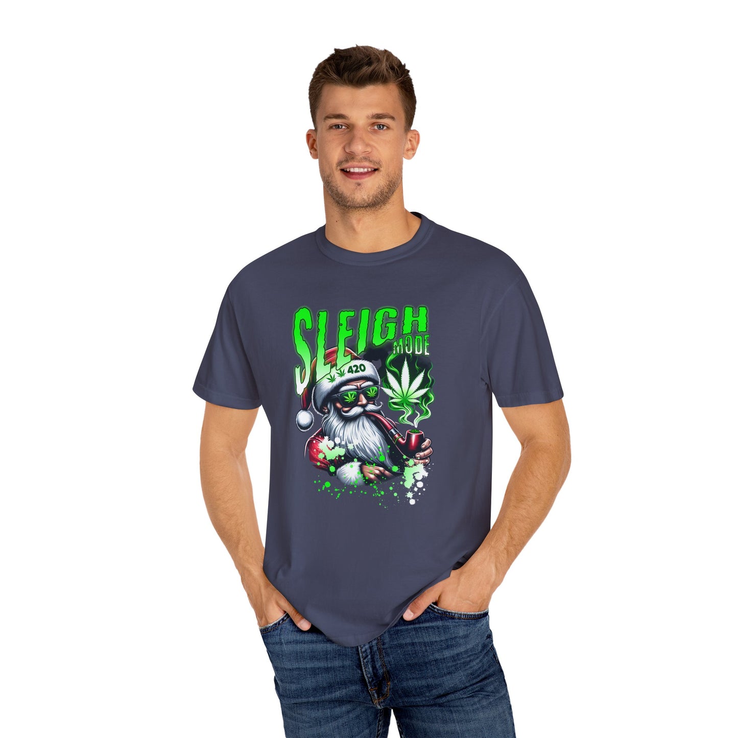 Sleigh Joe Graphic Tee, Unisex Holiday T-Shirt, Funny Christmas Shirt, Cannabis Santa Gift, Unique Tee for Parties