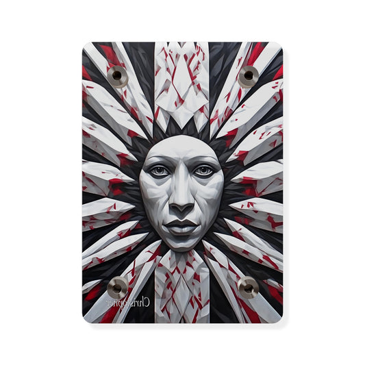 Acrylic Wall Art Panel — Surreal Sunburst Face with Red & Black Feather Design