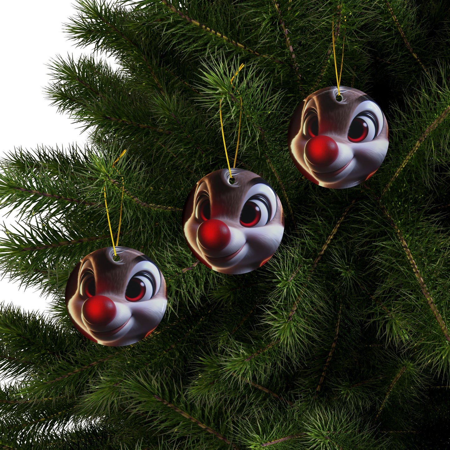 Rudolph Reindeer Ceramic Ornament — Round Double-Sided Holiday Decor