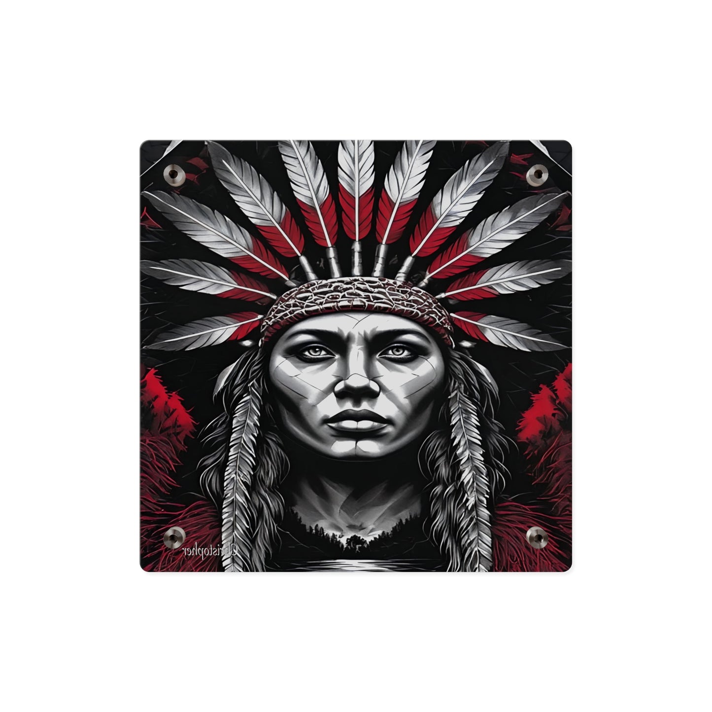 Acrylic Wall Art Panel — Bold Native Chief Portrait in Red & Black