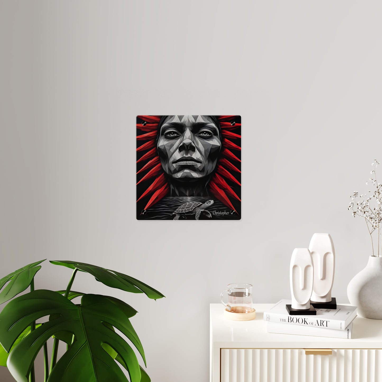 Acrylic Wall Art Panel — Geometric Tribal Face with Red Feather Headdress