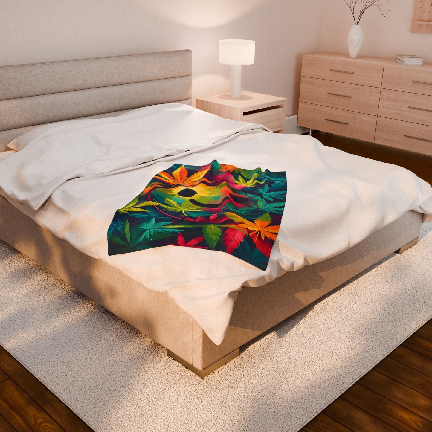 Velveteen Plush Blanket — Tie-Dye Smiley Face with Colorful Cannabis Leaves