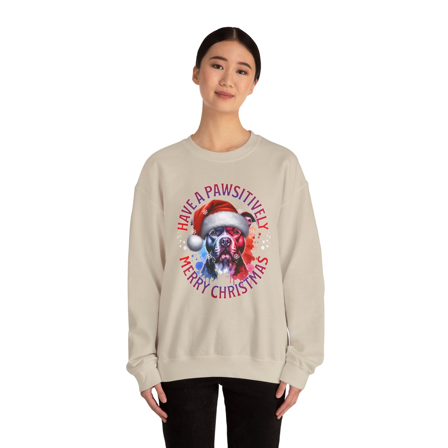 Crewneck Pit Bull Sweatshirt - "Have a Pawsitively Merry Christmas" Dog Santa Holiday Sweatshirt