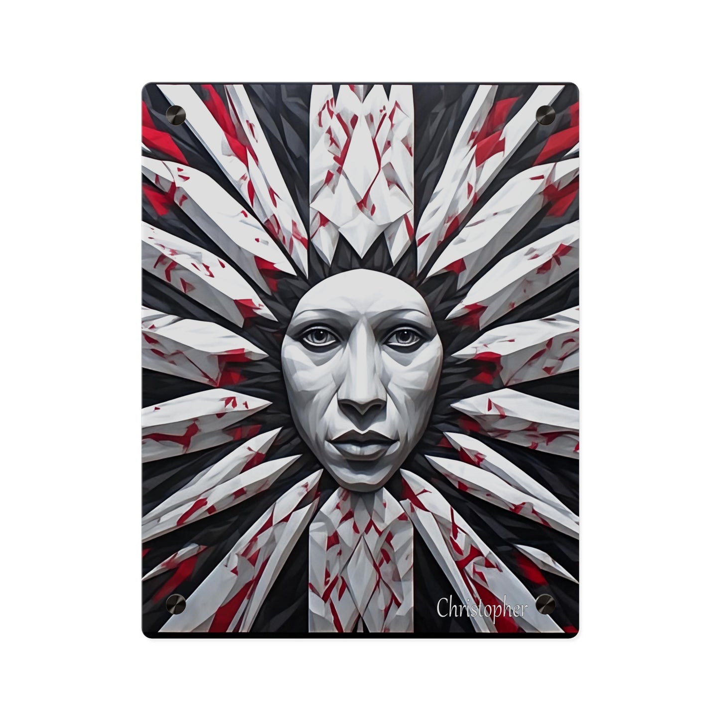 Acrylic Wall Art Panel — Surreal Sunburst Face with Red & Black Feather Design