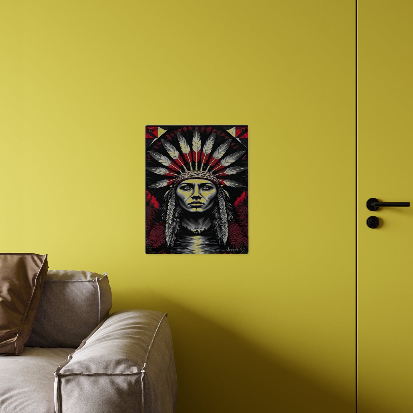 Acrylic Wall Art Panel — Bold Native Chief Portrait in Red & Black