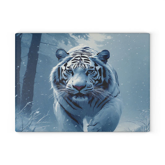 White Tiger Glass Cutting Board — Winter Wildlife Kitchen Decor