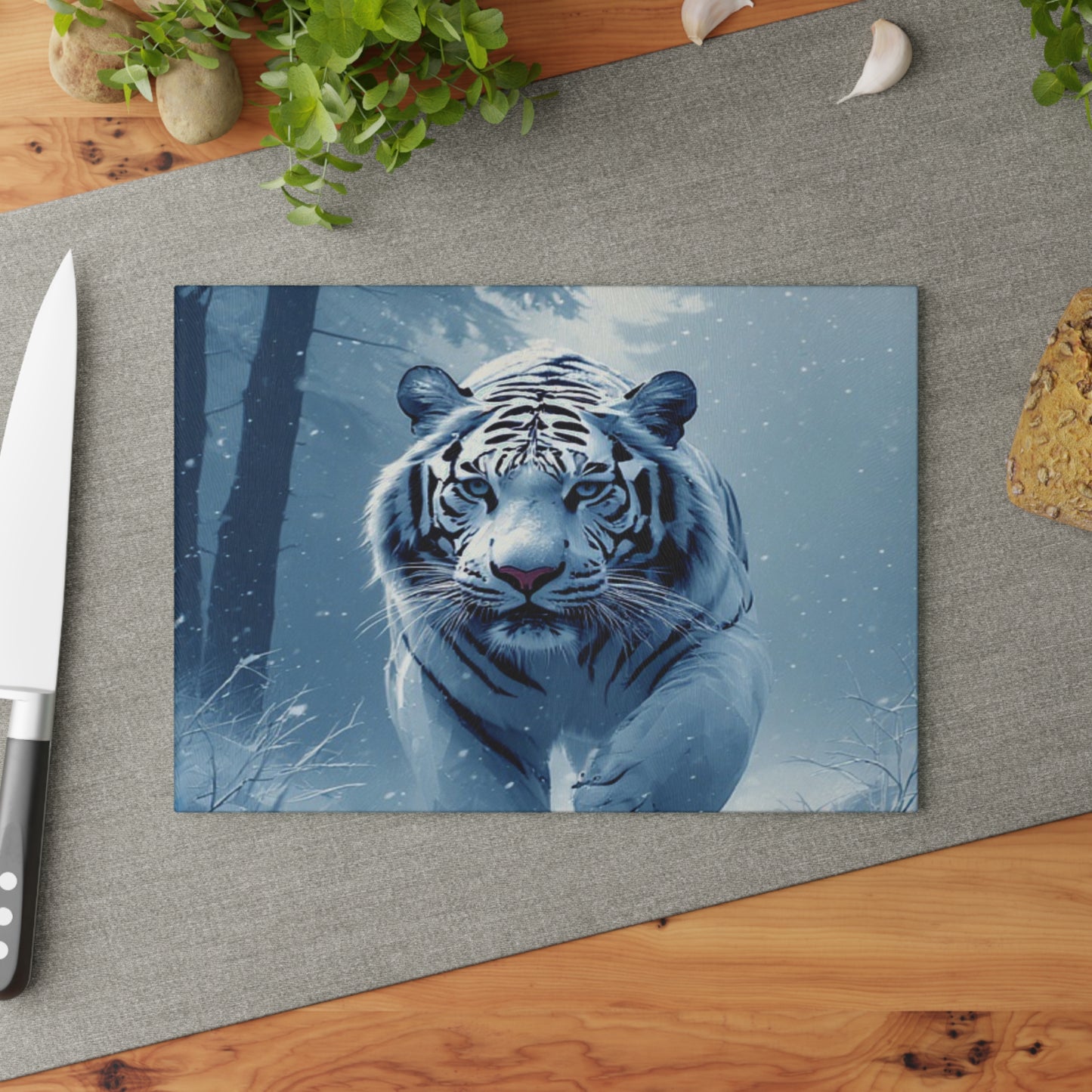 White Tiger Glass Cutting Board — Winter Wildlife Kitchen Decor