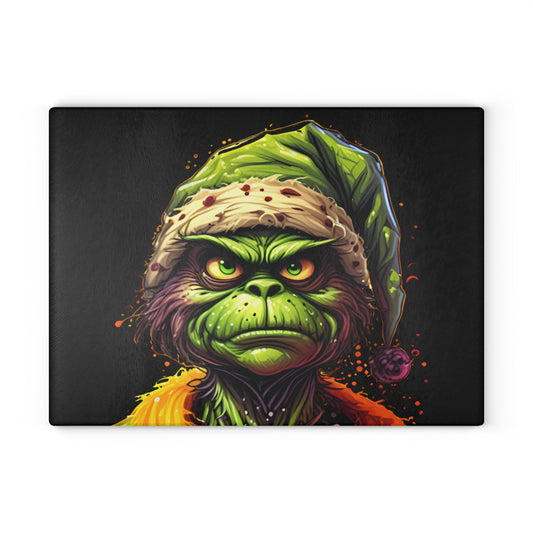 Glass Cutting Board — Grumpy Grinch Face Holiday Kitchen Decor