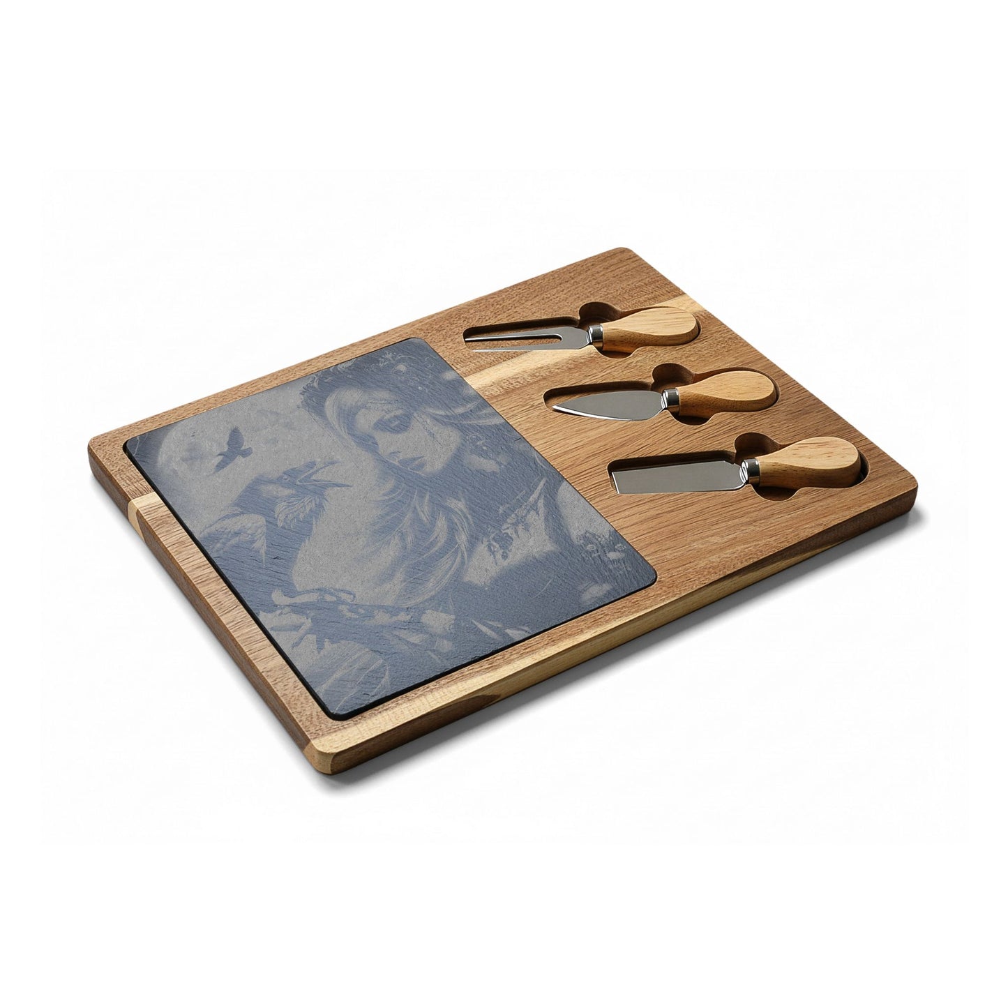 Engraved Charcuterie Board with Stone Inlay — Gothic Woman & Raven Serving Set