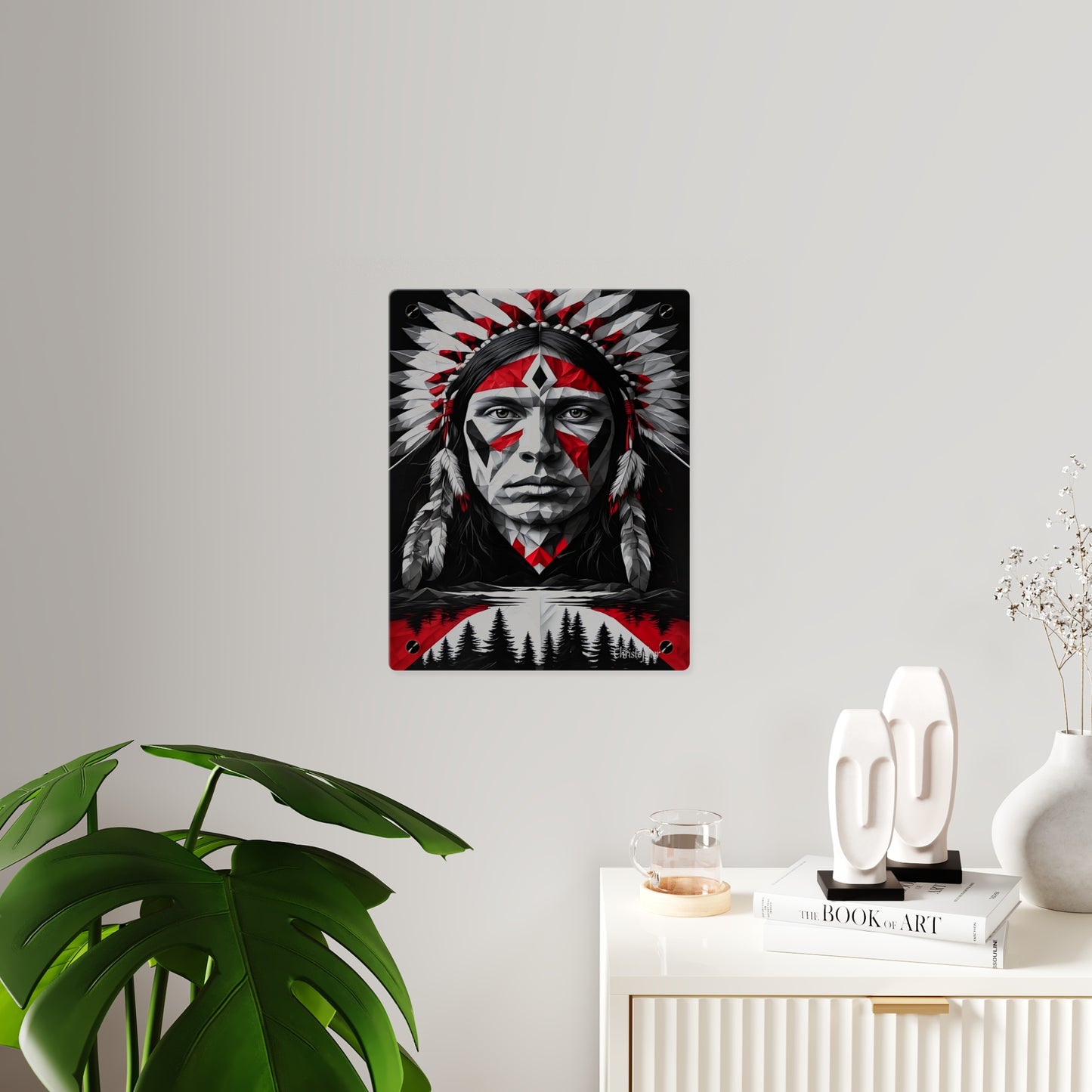 Acrylic Wall Art Panel — Geometric Indigenous Warrior Portrait (Red & Black)