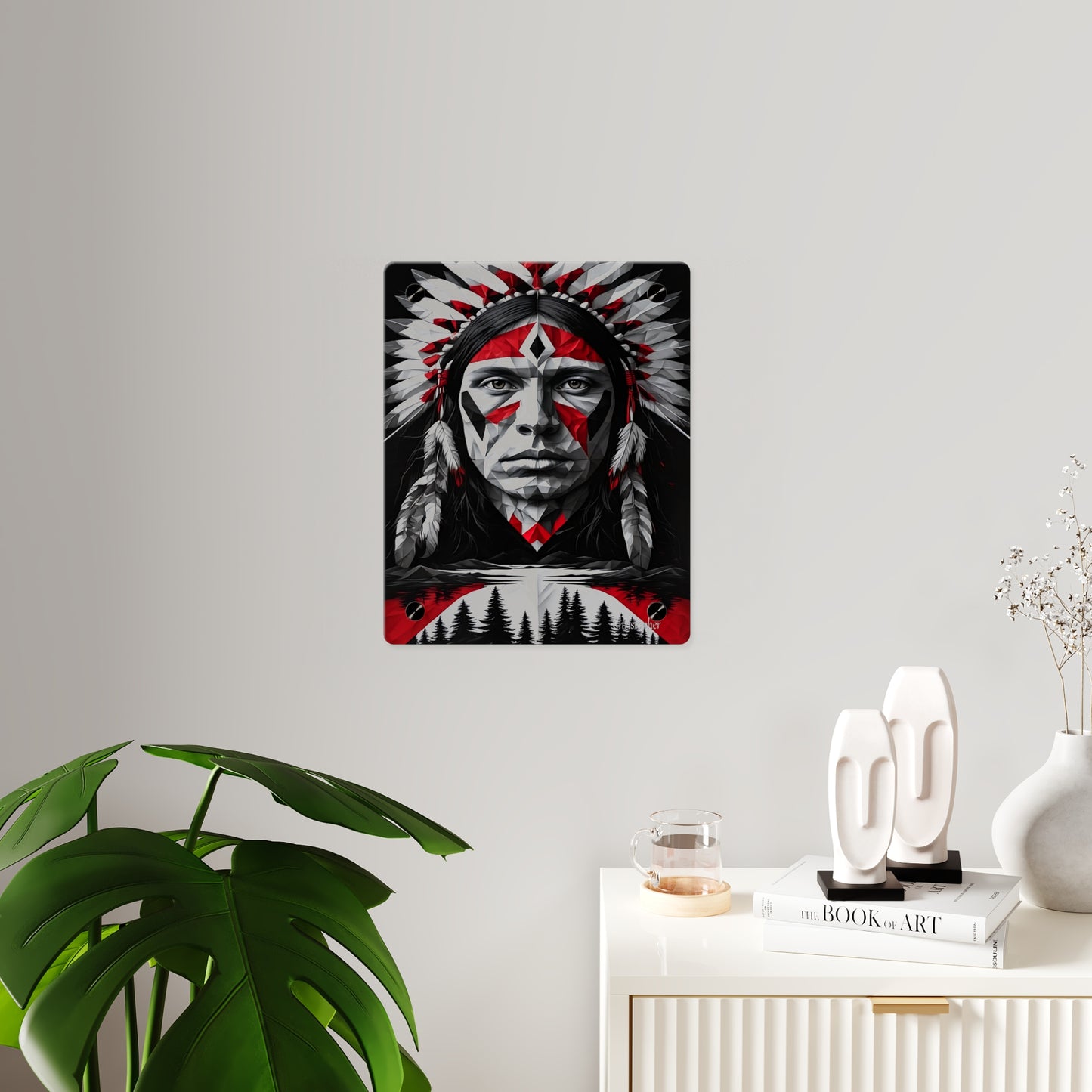 Acrylic Wall Art Panel — Geometric Indigenous Warrior Portrait (Red & Black)