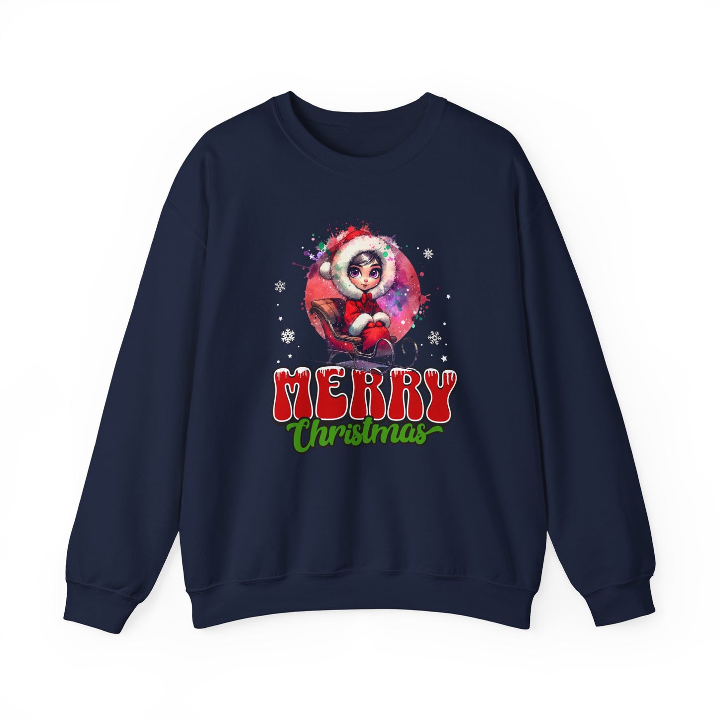 Christmas Crewneck Sweatshirt — Cute Santa Girl 'Merry Christmas' Holiday Pullover
