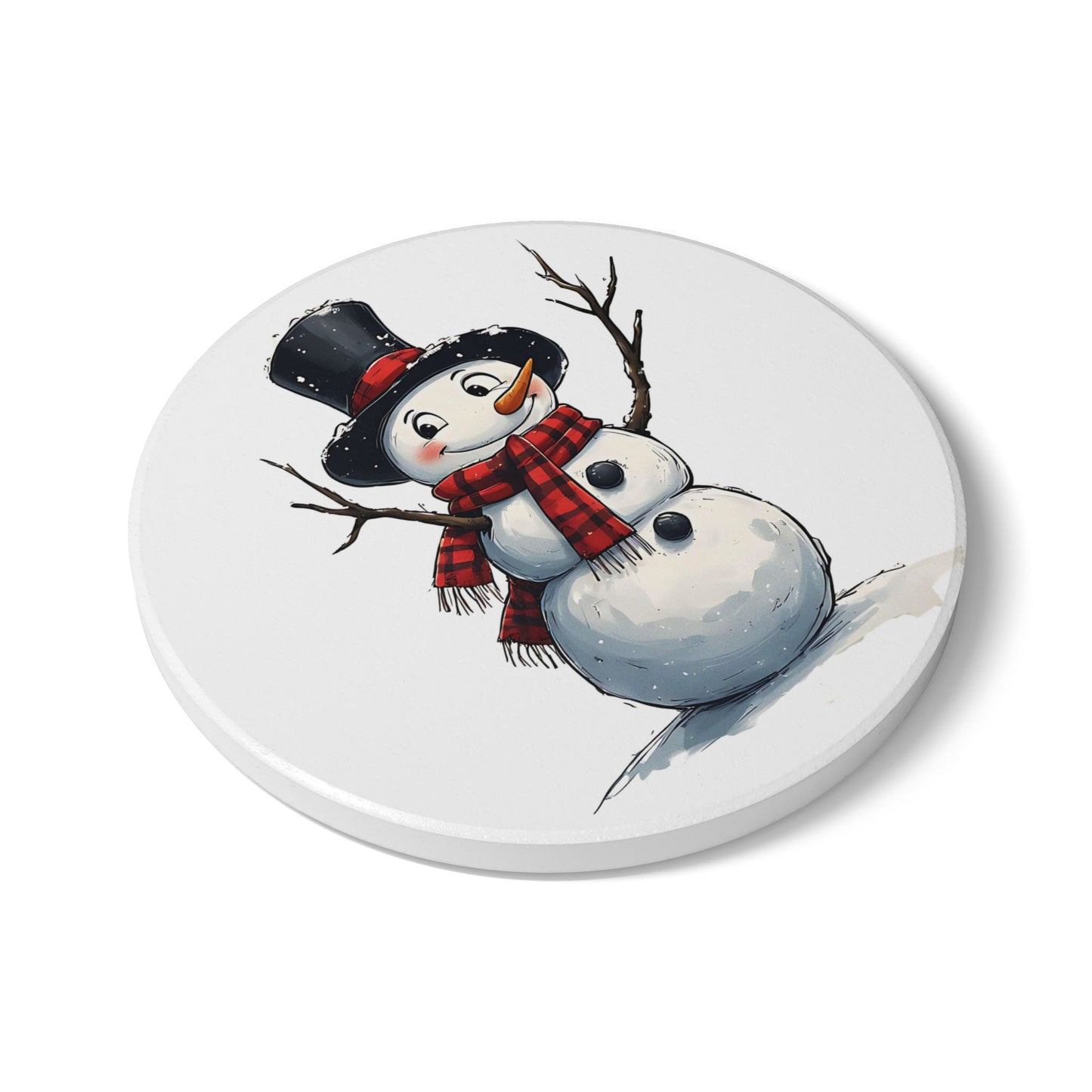 Winter Snowman Ceramic Coaster — Cute Hand-Drawn Snowman Holiday Drink Coaster