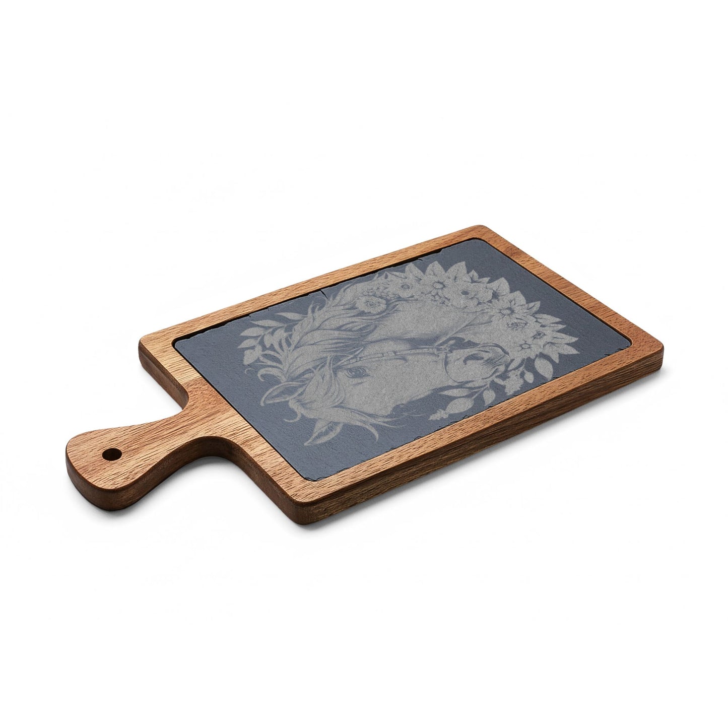 Engraved Horse Cheeseboard Set — Acacia Charcuterie Board with Slate Inlay & Cheese Tools