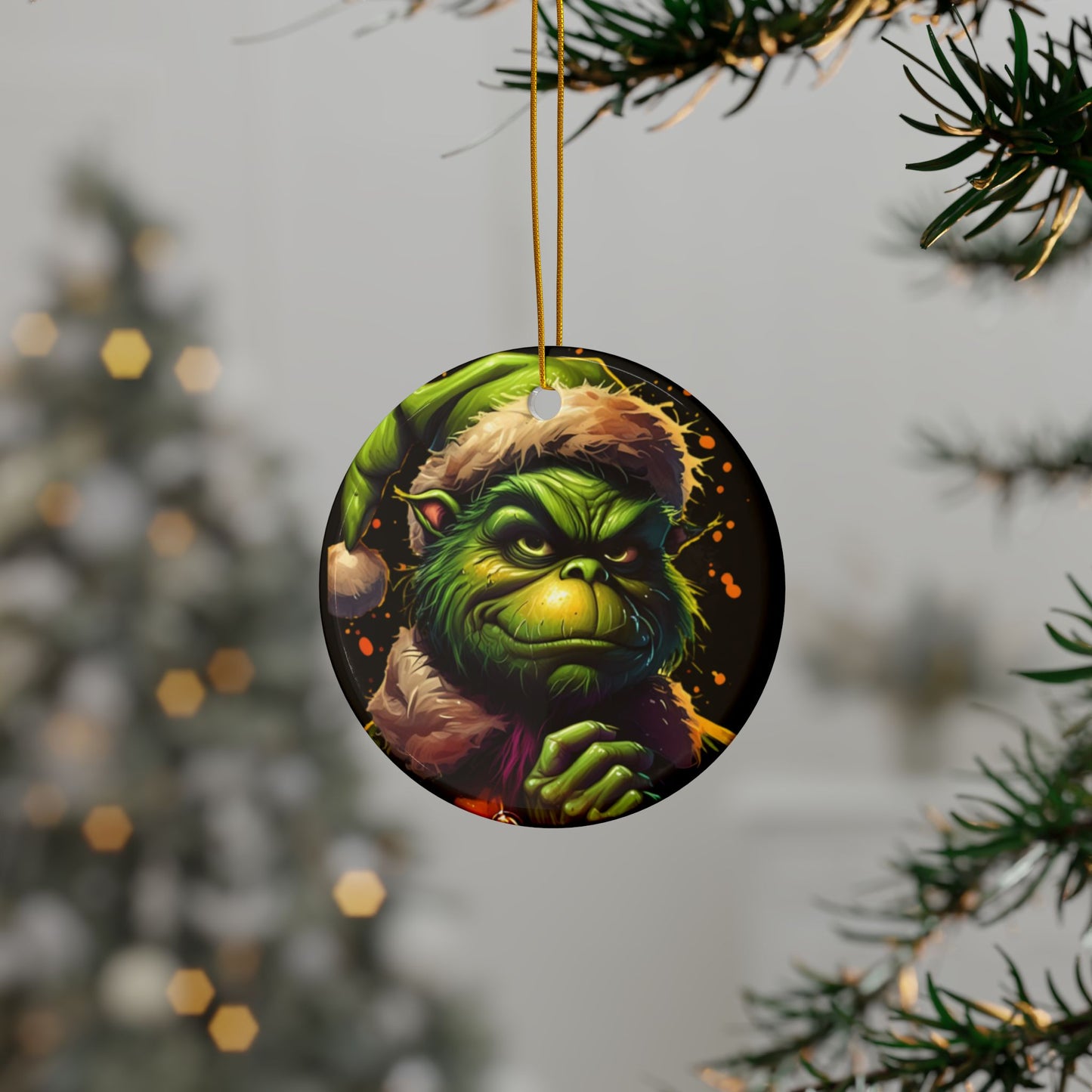 Grumpy Grinch Ceramic Ornament — Double-Sided Christmas Tree Decoration