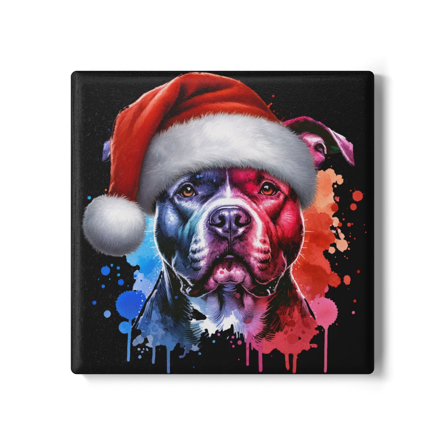 Holiday Pit Bull Ceramic Coaster — Colorful Santa Dog Drink Mat