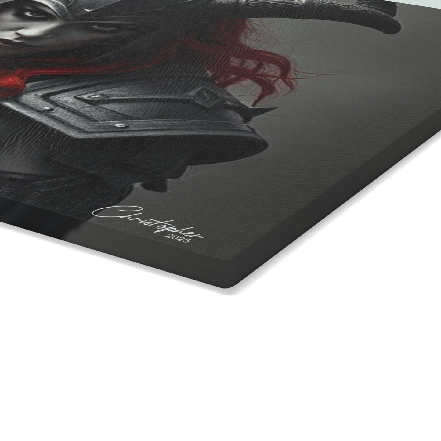 Gothic Glass Cutting Board - Dark Fantasy Design with Skull and Warrior