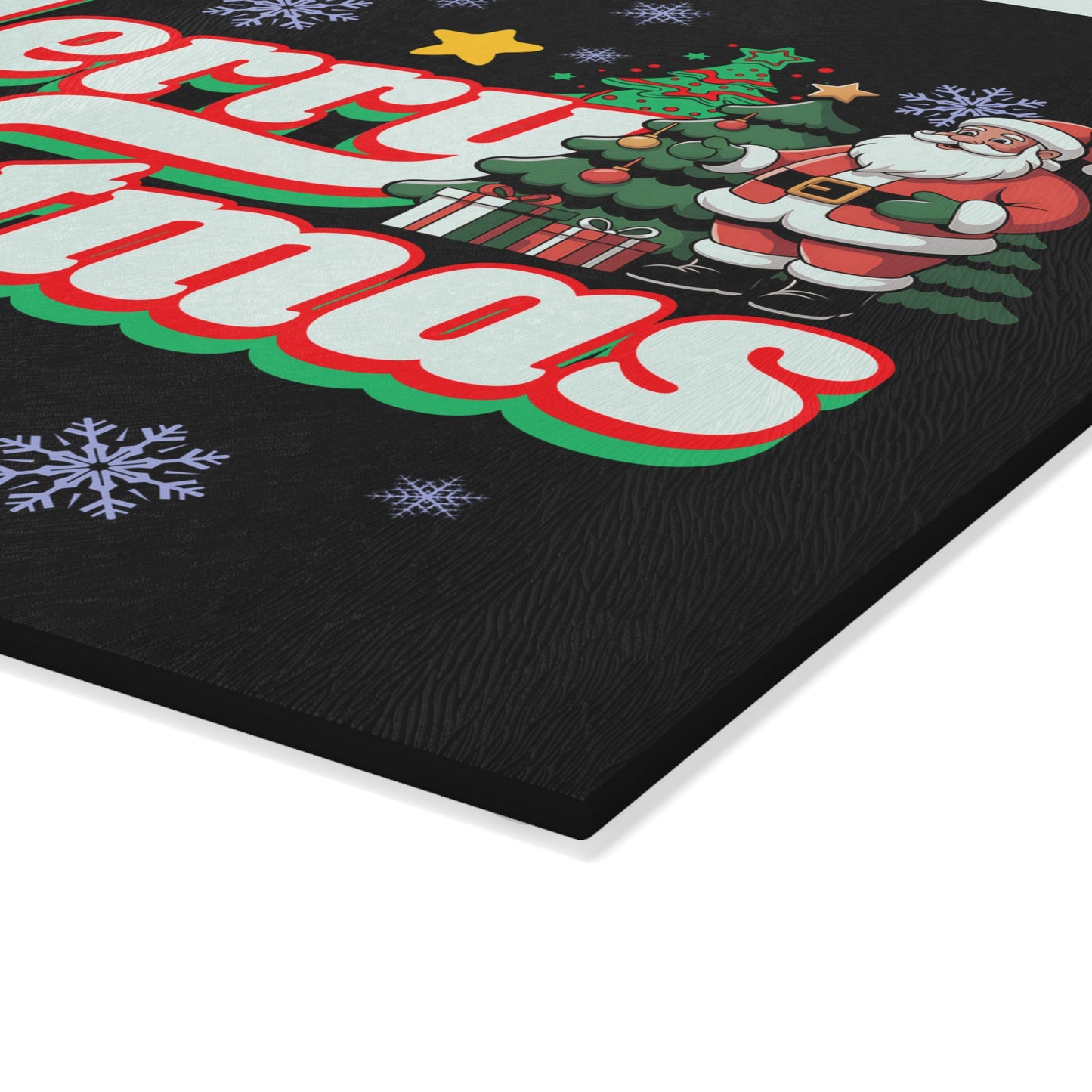 Merry Christmas Glass Cutting Board — Festive Santa & Trees Holiday Kitchen Decor