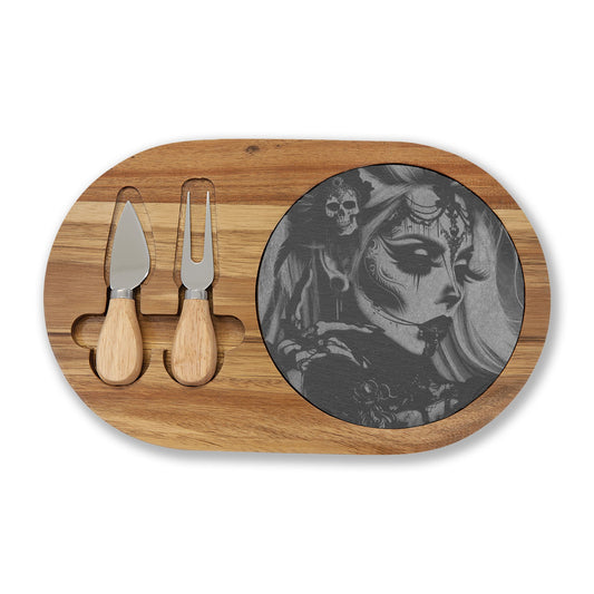 Engraved Acacia Charcuterie Board with Slate Insert & Cheese Tools