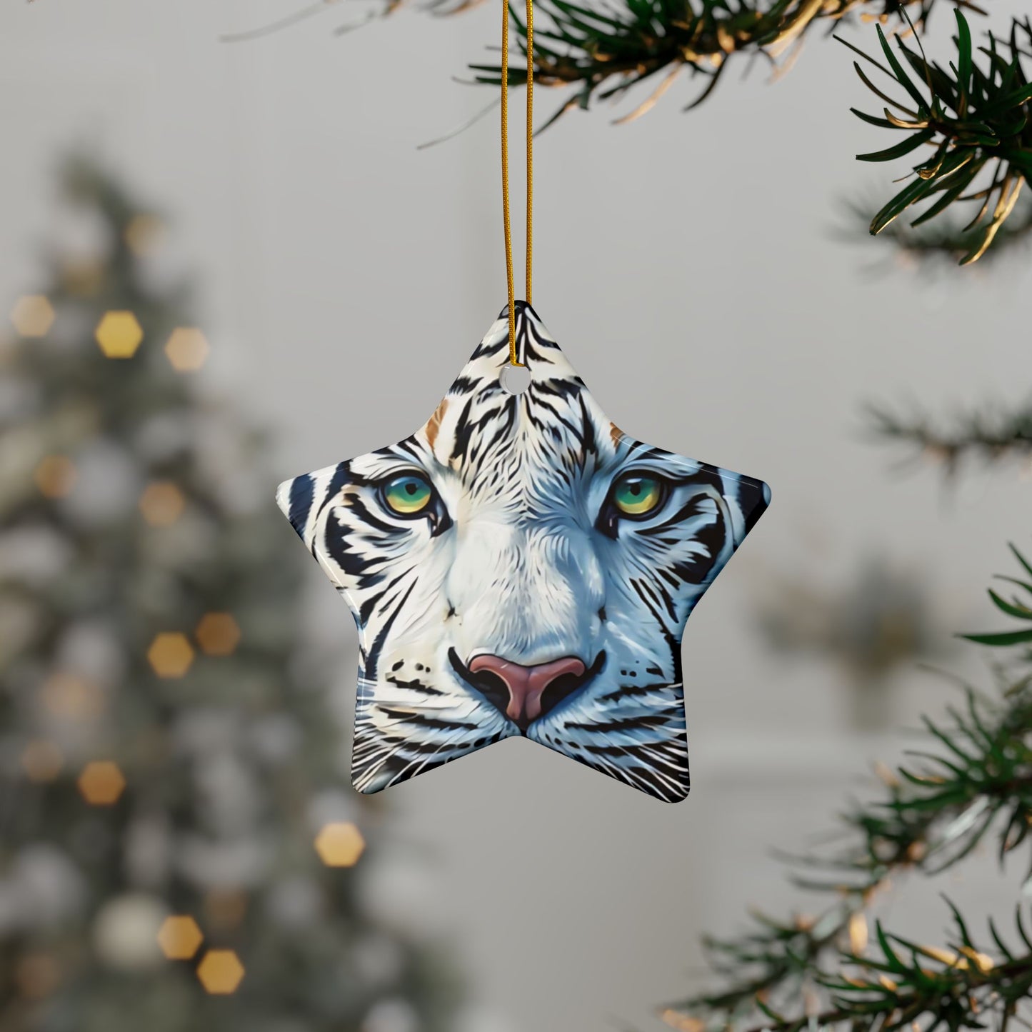 White Tiger Ceramic Ornament — Two-Sided Round Holiday Decoration