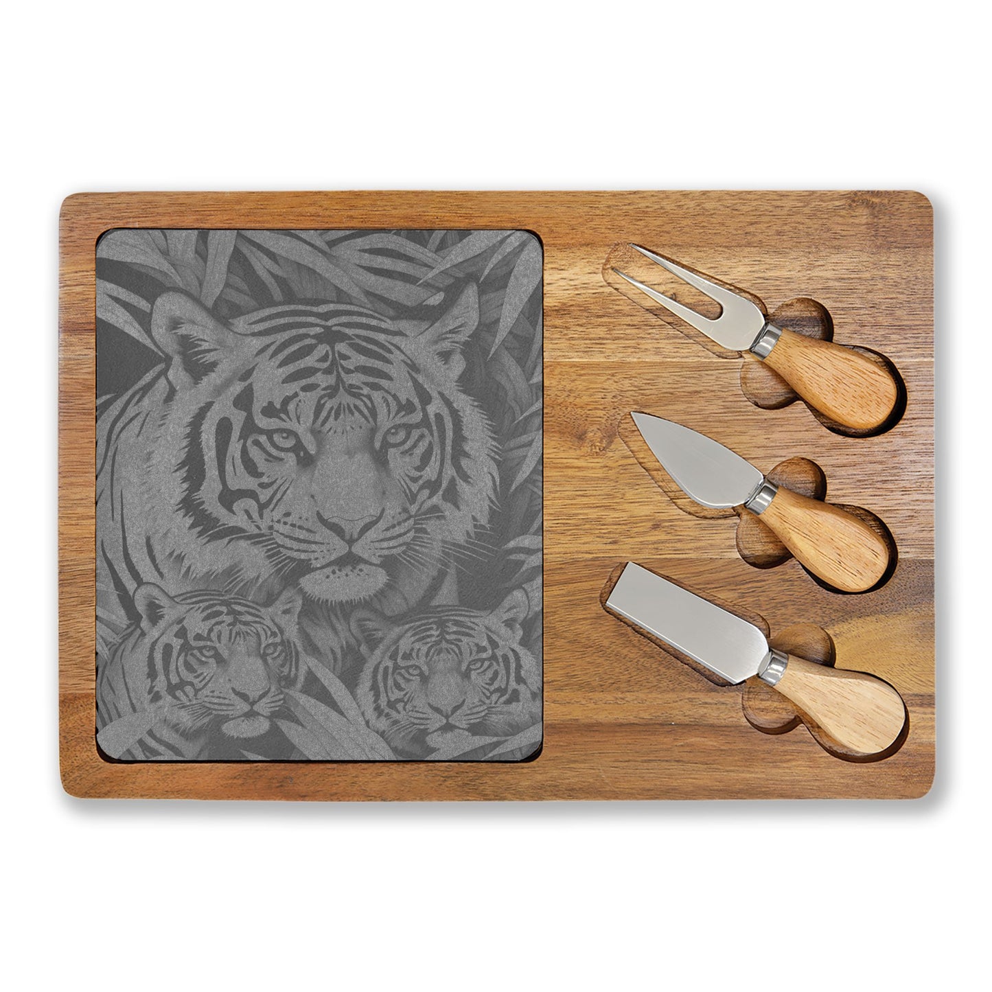 Engraved Tiger Charcuterie Board with Cheese Knife Set