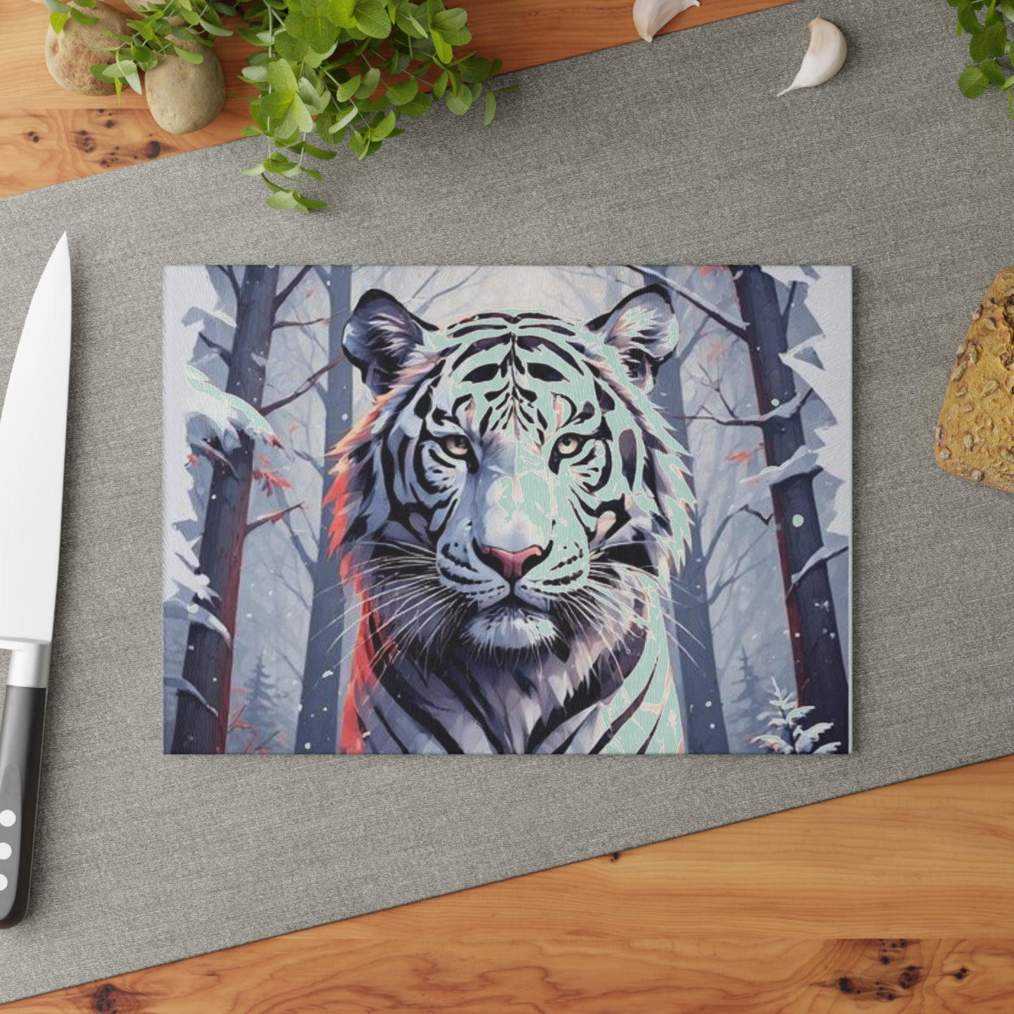 White Tiger Winter Glass Cutting Board — Decorative Kitchen Chopping Board