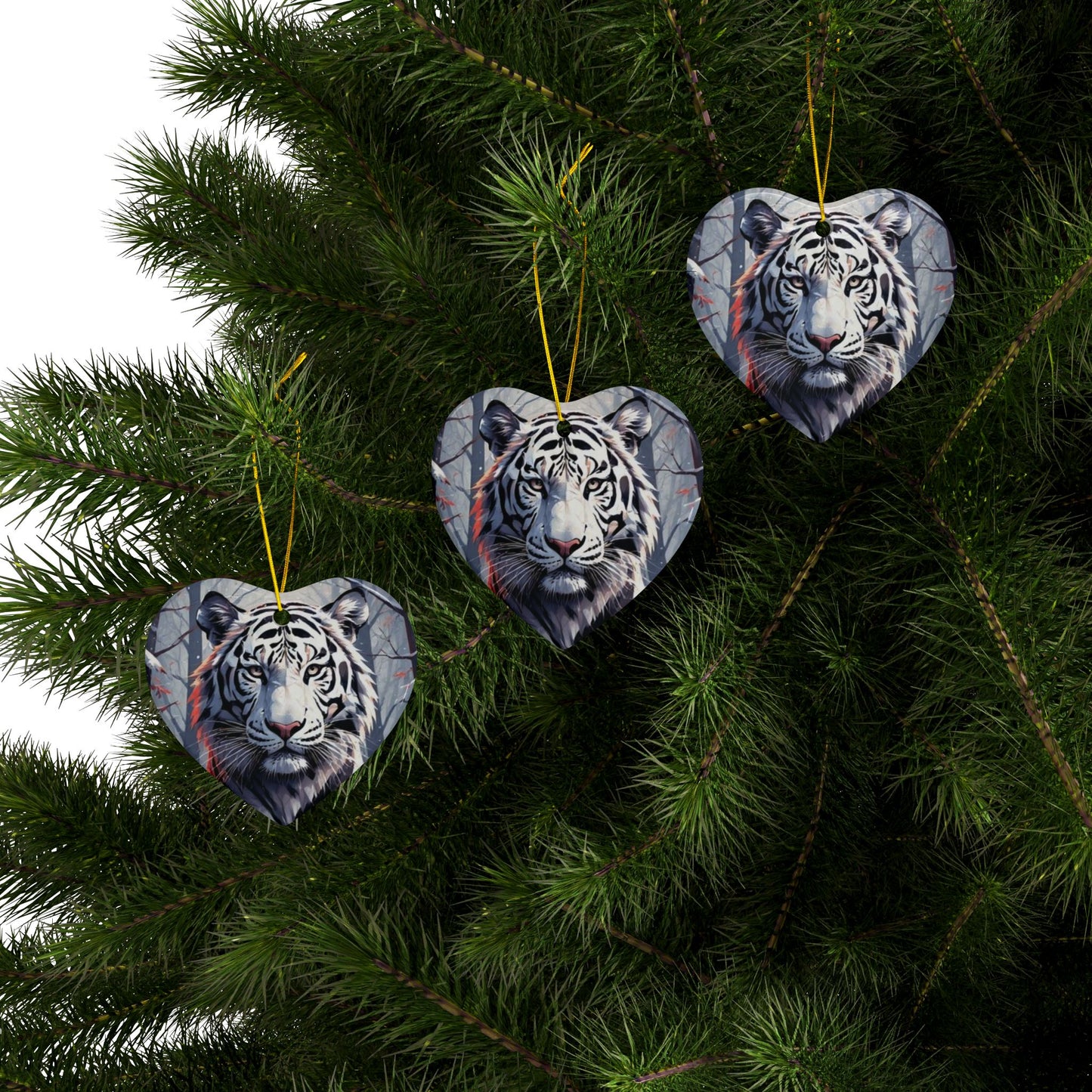 White Tiger Ceramic Ornament — Double-Sided Holiday Decoration