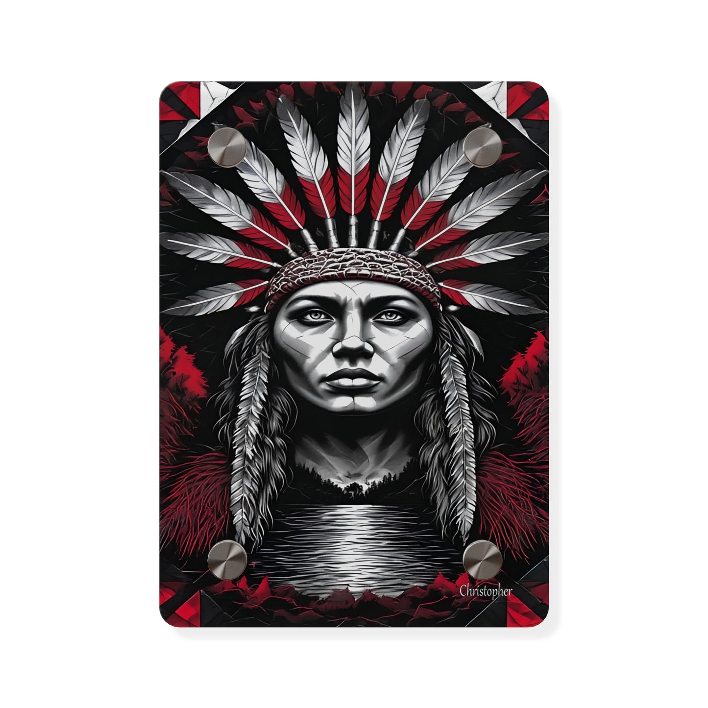 Acrylic Wall Art Panel — Bold Native Chief Portrait in Red & Black