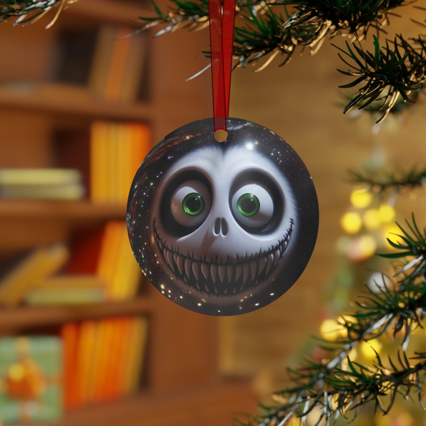 Creepy Smiling Skull Metal Ornament — Gothic Holiday Bell Decoration