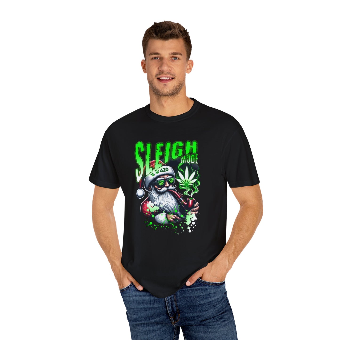 Sleigh Joe Graphic Tee, Unisex Holiday T-Shirt, Funny Christmas Shirt, Cannabis Santa Gift, Unique Tee for Parties