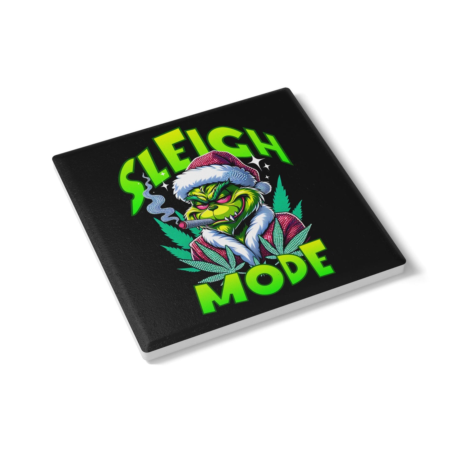 Sleigh Mode Ceramic Coaster — Grinch Santa with Cannabis Holiday Coaster