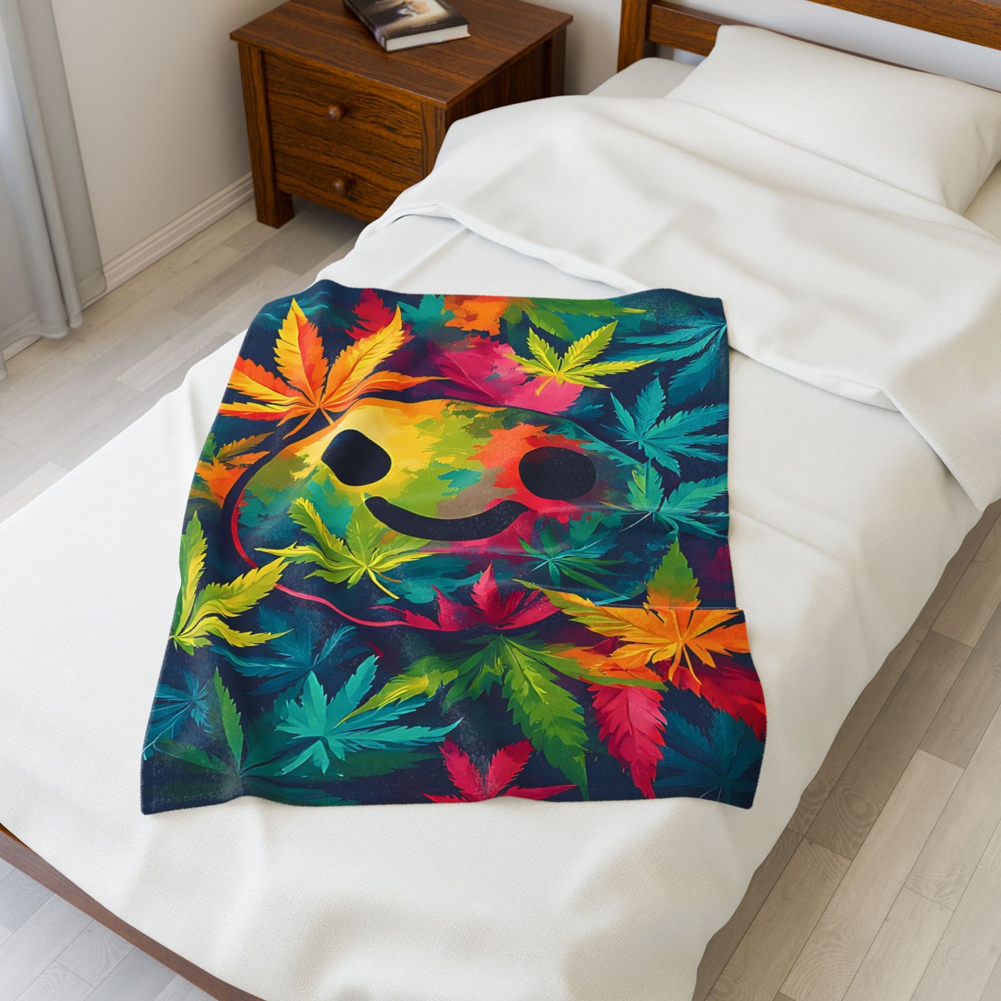 Velveteen Plush Blanket — Tie-Dye Smiley Face with Colorful Cannabis Leaves