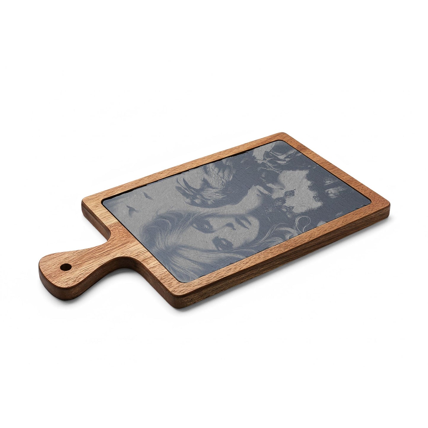 Engraved Acacia Charcuterie Board with Cheese Knives — Gothic Portrait Design