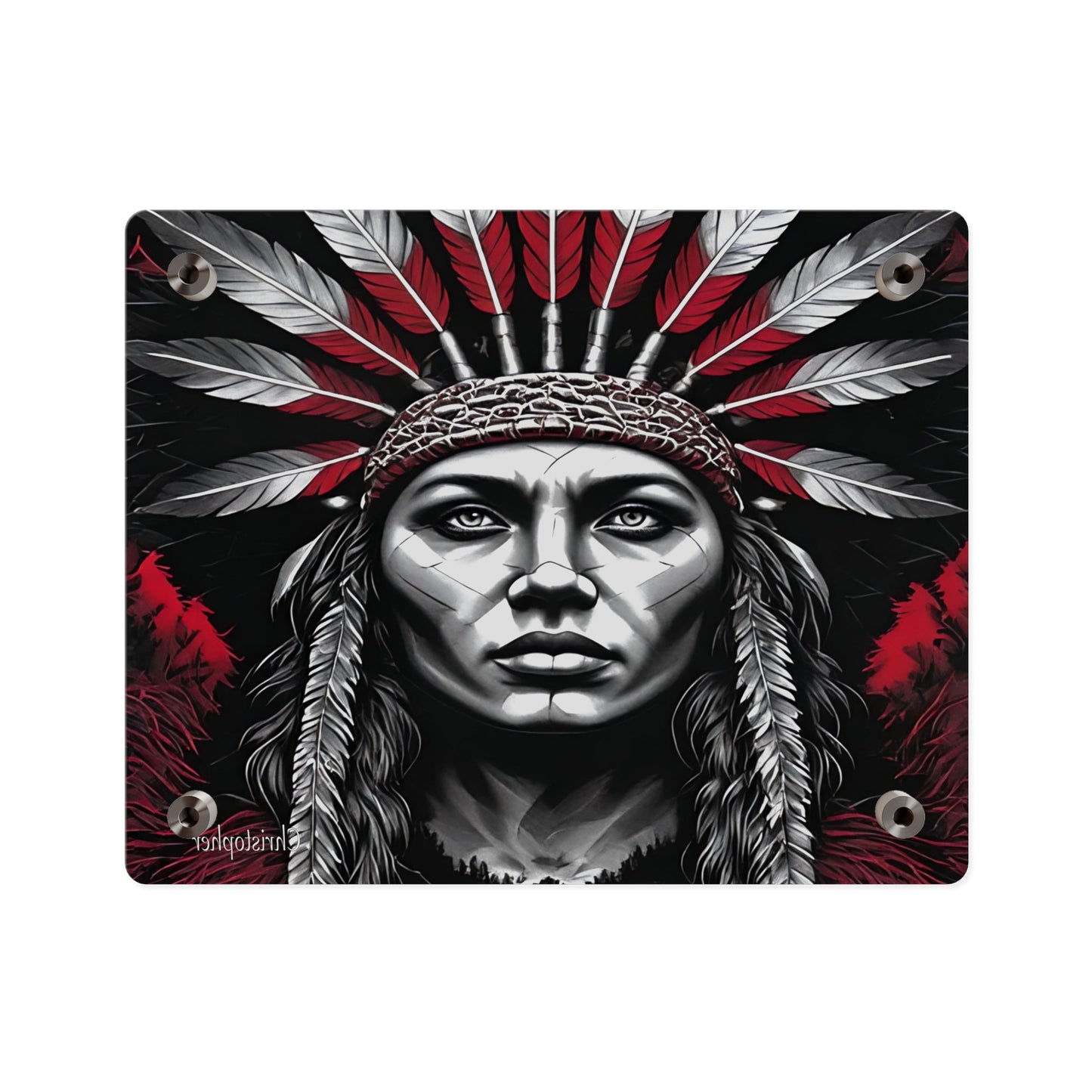 Acrylic Wall Art Panel — Bold Native Chief Portrait in Red & Black