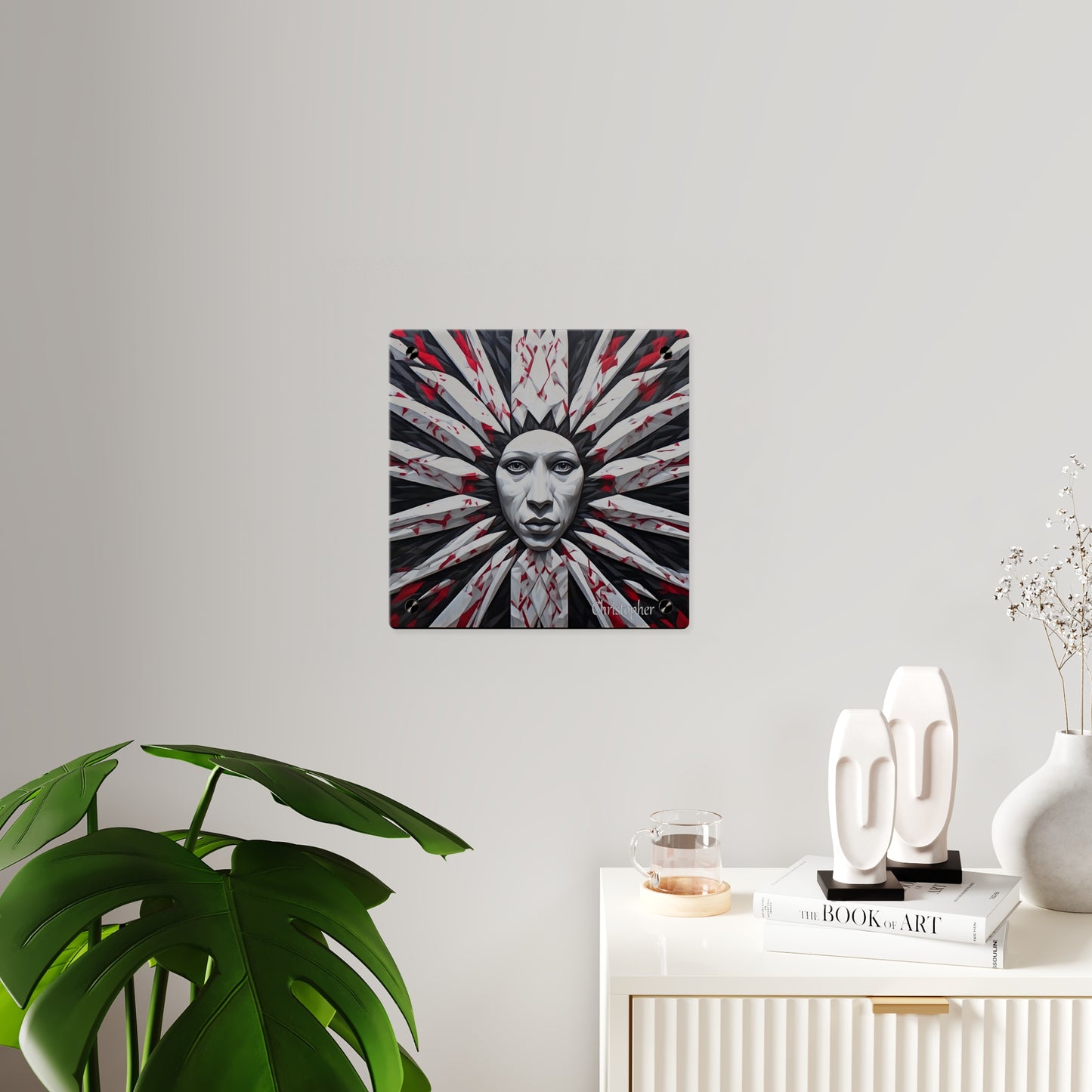 Acrylic Wall Art Panel — Surreal Sunburst Face with Red & Black Feather Design