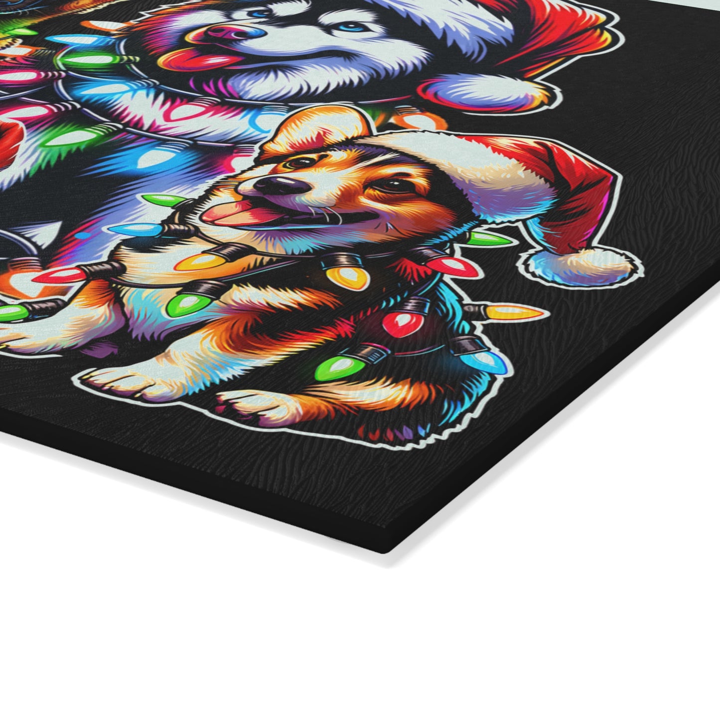 Christmas Dogs Glass Cutting Board — Festive Santa Hats & Holiday Lights