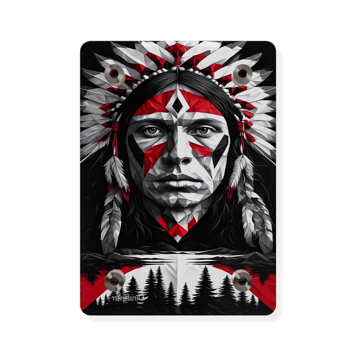 Acrylic Wall Art Panel — Geometric Indigenous Warrior Portrait (Red & Black)