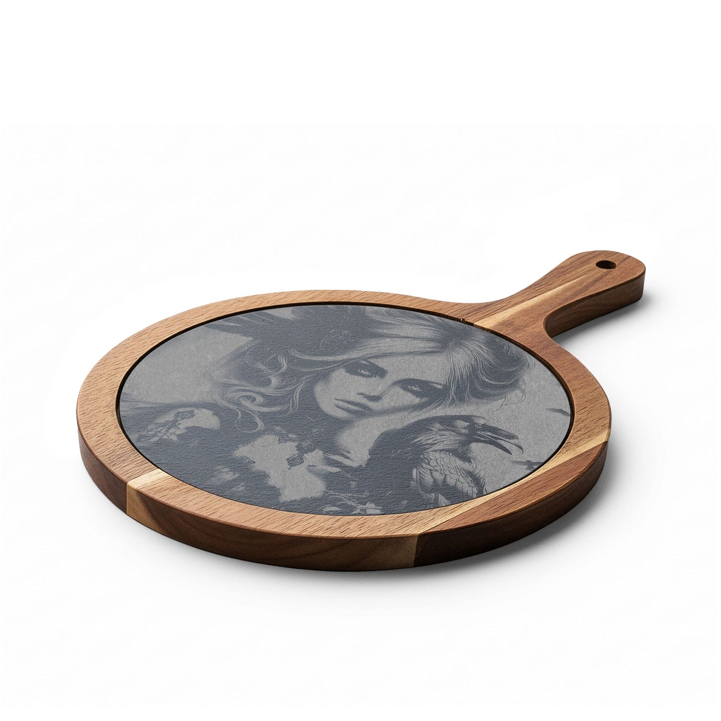 Engraved Acacia Charcuterie Board with Cheese Knives — Gothic Portrait Design