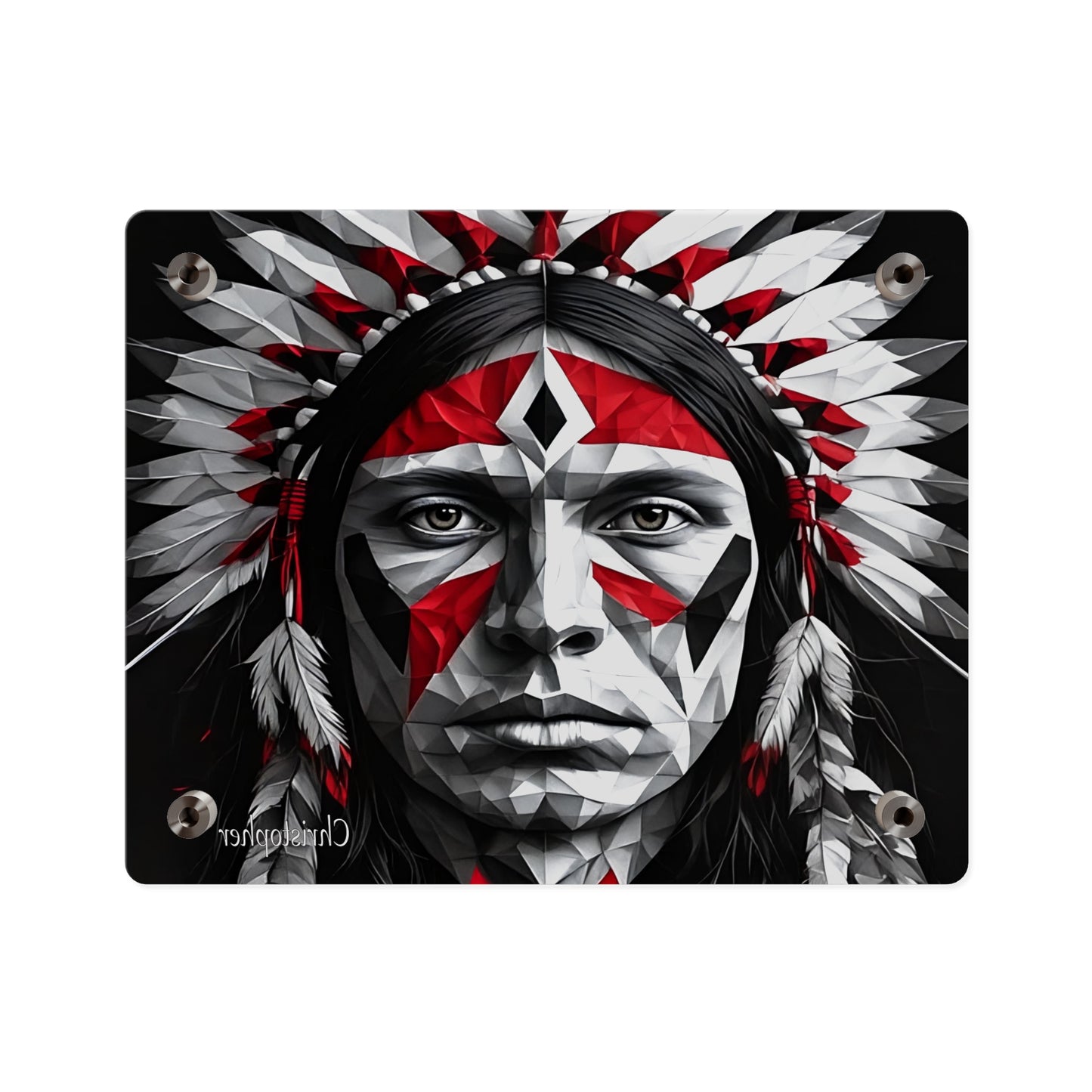 Acrylic Wall Art Panel — Geometric Indigenous Warrior Portrait (Red & Black)