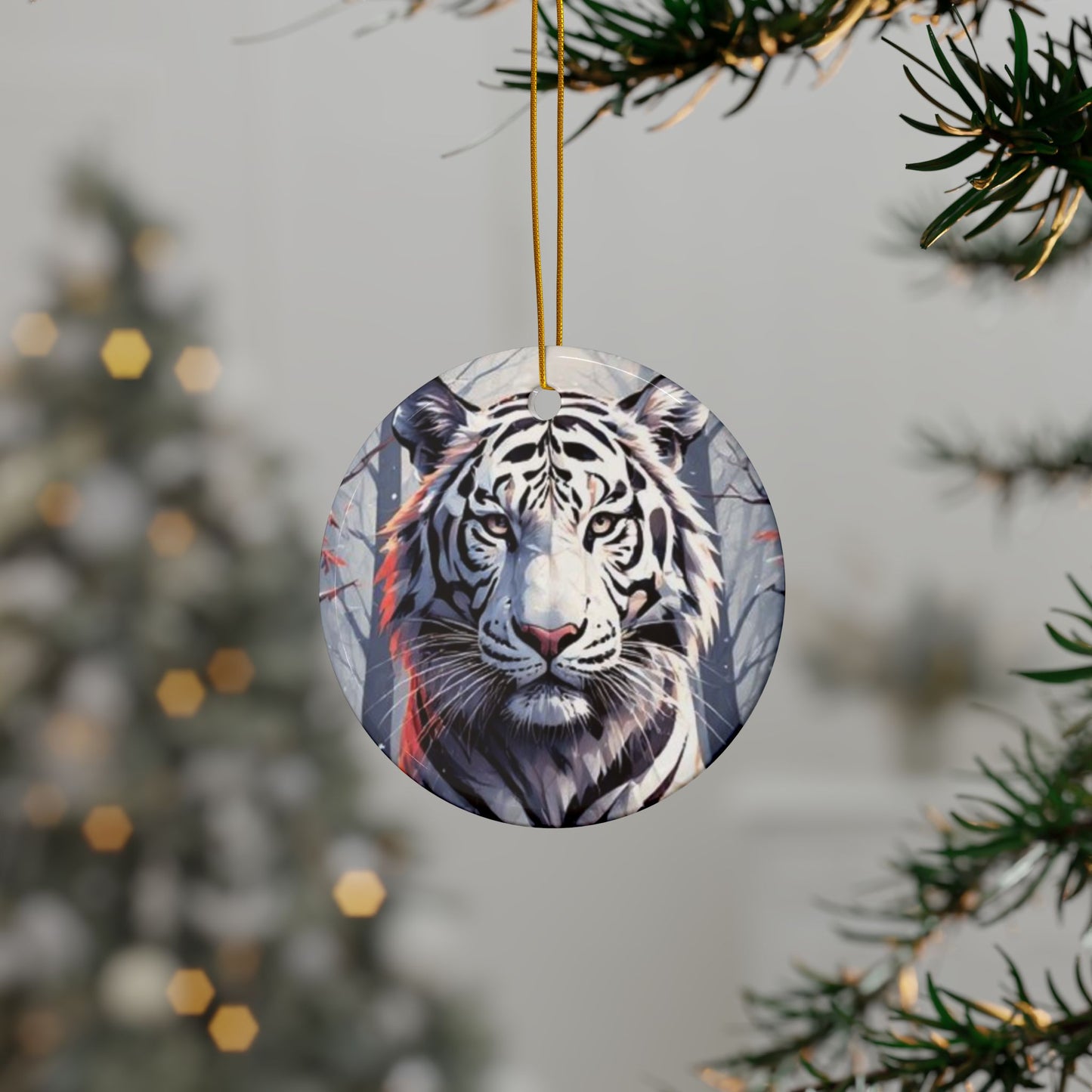 White Tiger Ceramic Ornament — Double-Sided Holiday Decoration