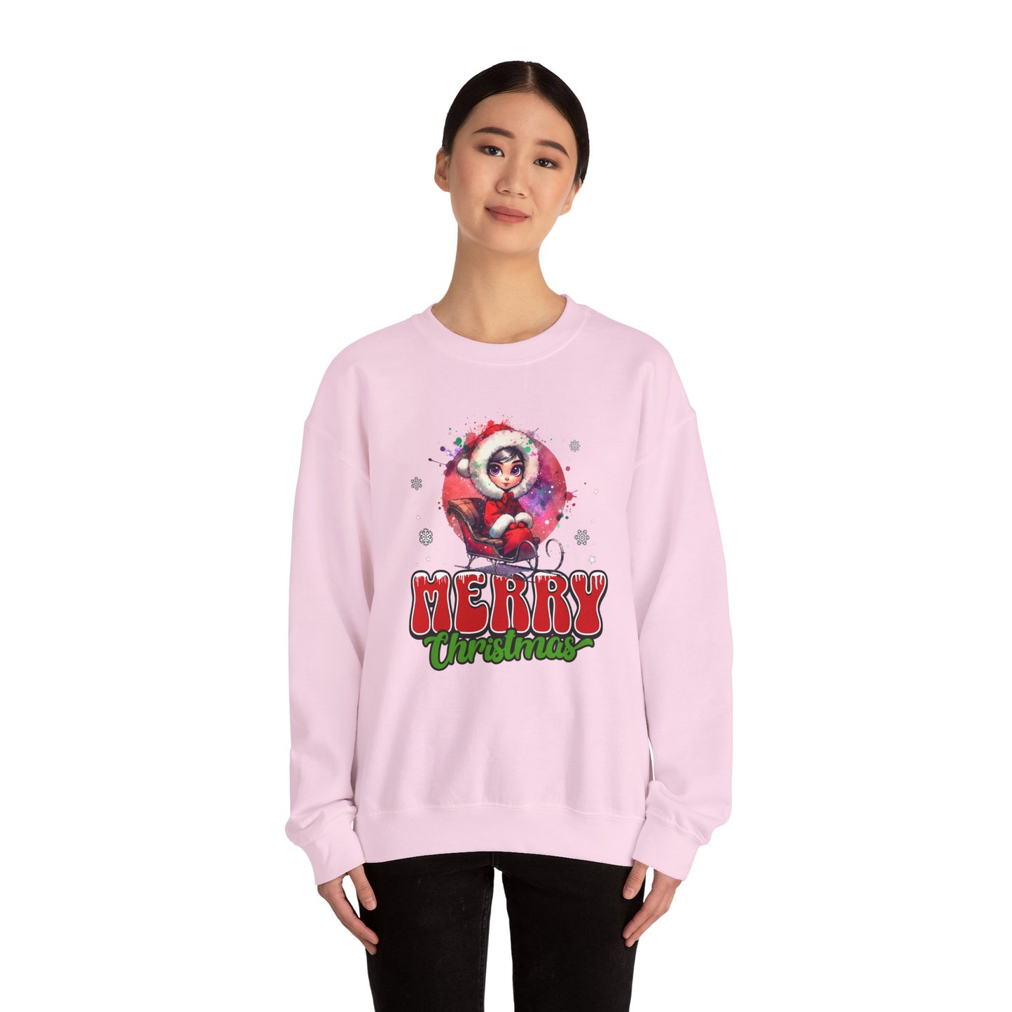Christmas Crewneck Sweatshirt — Cute Santa Girl 'Merry Christmas' Holiday Pullover