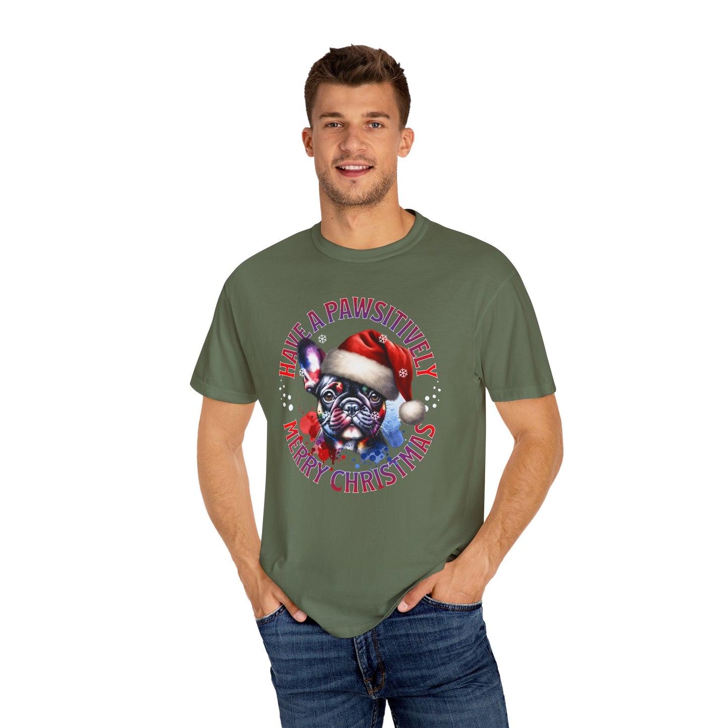 Christmas Dog T-Shirt — “Have a Pawsitively Merry Christmas” Cute French Bulldog Holiday Tee