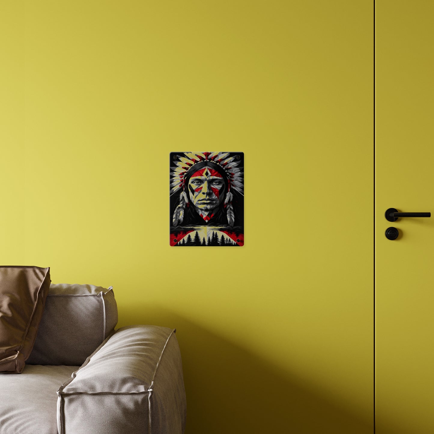 Acrylic Wall Art Panel — Geometric Indigenous Warrior Portrait (Red & Black)