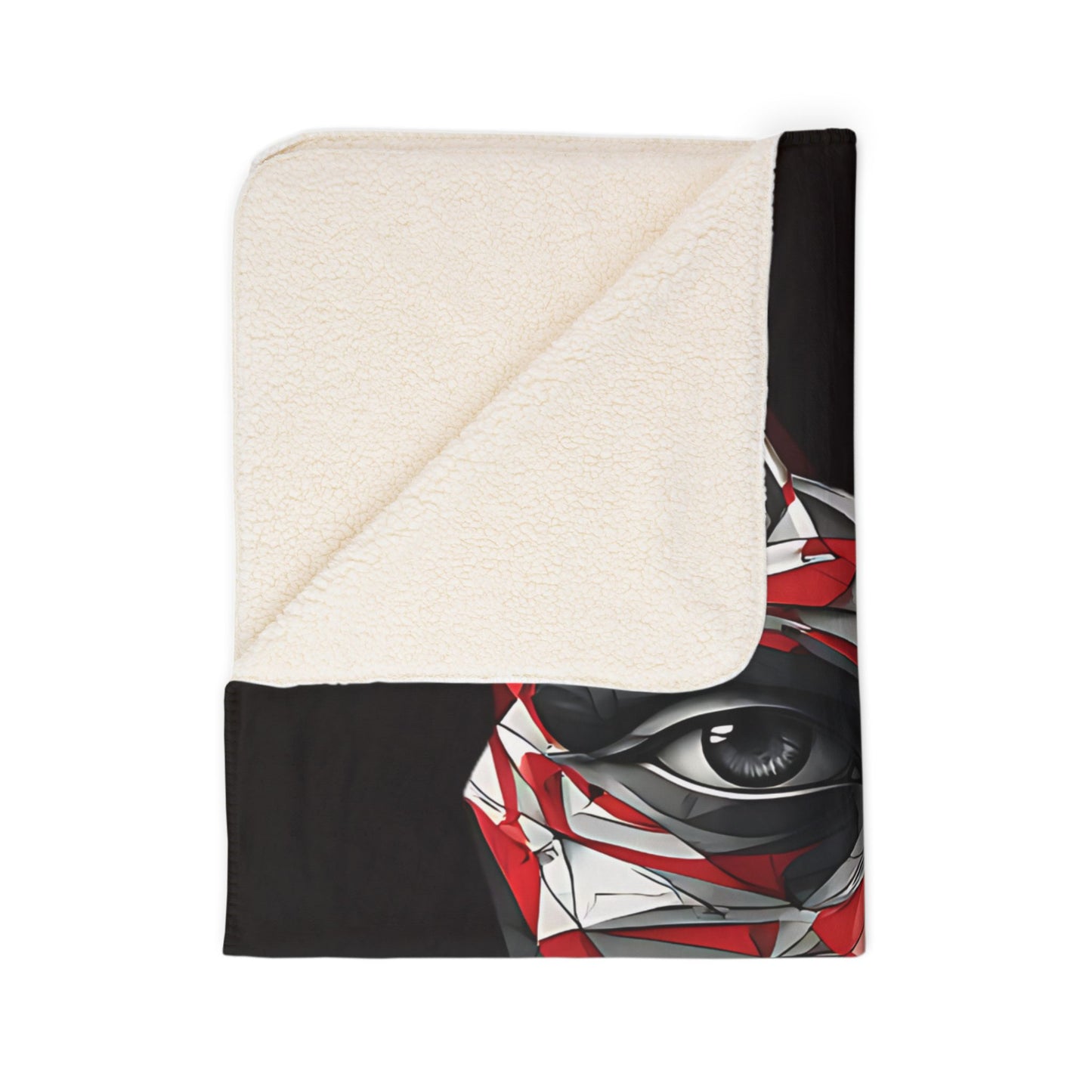 Abstract Geometric Face Sherpa Blanket — Red & Black Tribal Mask Art Throw
