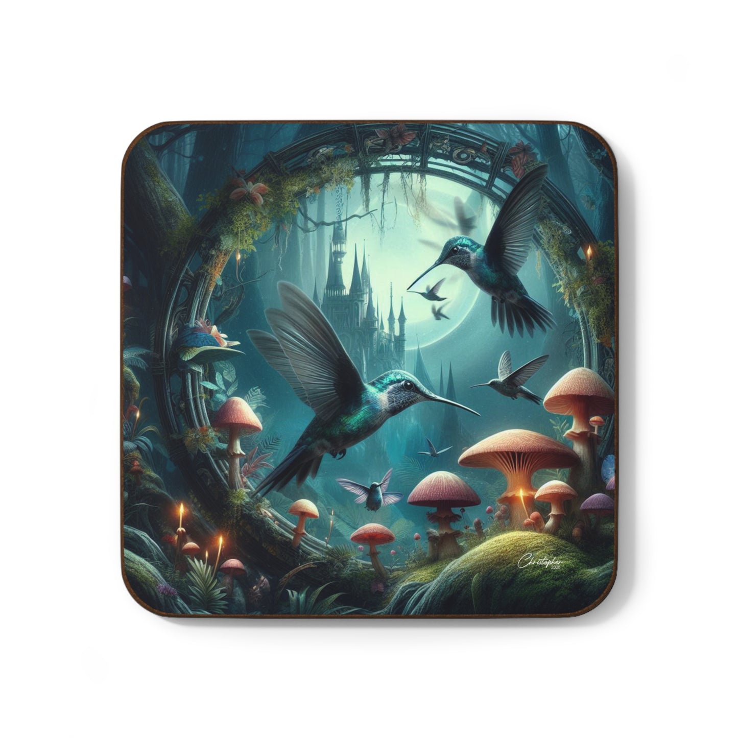 Enchanting Hummingbird Hardboard Coaster - Fantasy Forest Design